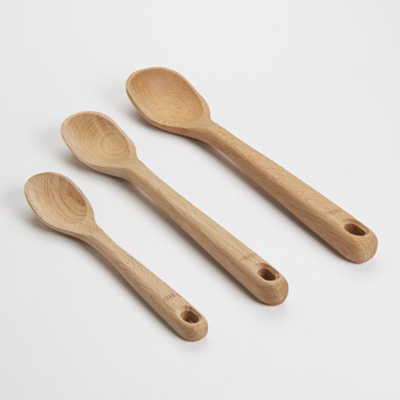 GOOD GRIPS<sup>&reg;</sup> 3 Piece Wooden Spoon Set - Made of solid Beech Wood. Set includes: One Large, One Medium and One Small wooden spoon. Natural oil finish, handwash only.